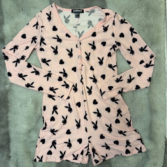 PLAYBOY Pajamas Light Pink Onesie with Black Bunny Print | Loungewear Button Up - Picture 5 of 9